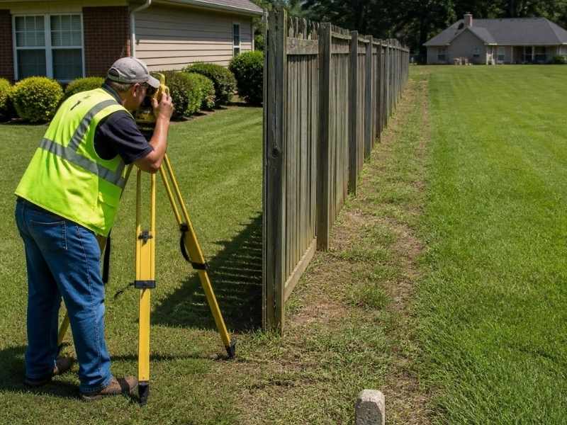 Land surveyor checking an old fence property boundary before replacement in Pell City Alabama